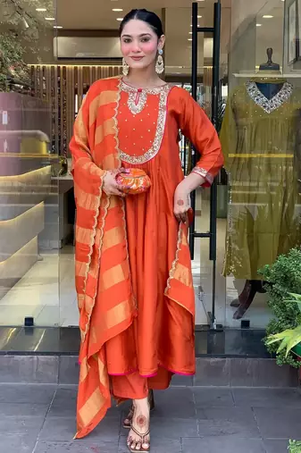 Rust ethnic cotton silk kurta set with dupatta