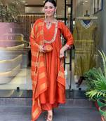 Rust ethnic cotton silk kurta set with dupatta