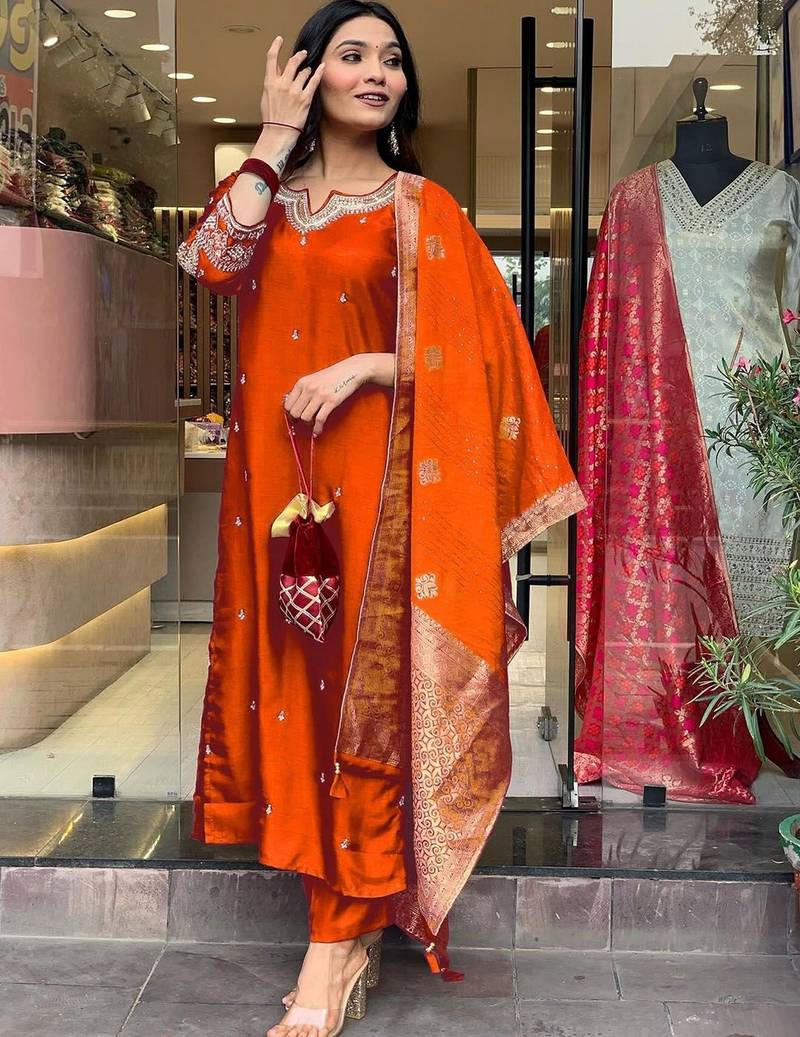 Rust embroidered ethnic suit