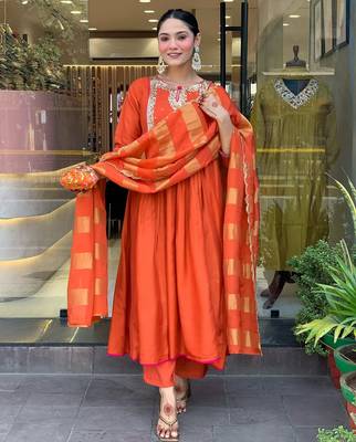 Rust cotton silk kurta set with dupatta 2