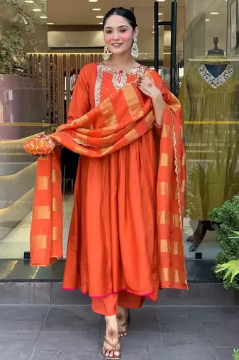 Rust cotton silk kurta set with dupatta