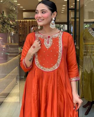 Rust cotton silk kurta set with dupatta 3