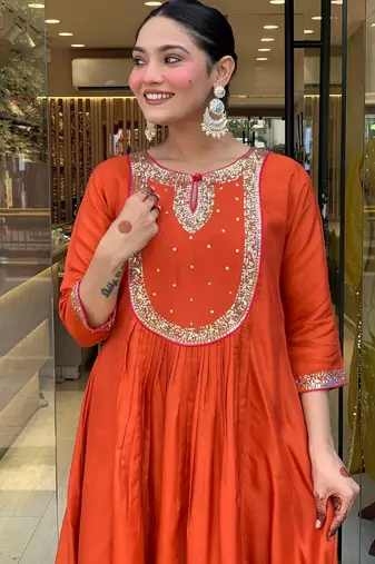 Rust cotton silk kurta set with dupatta
