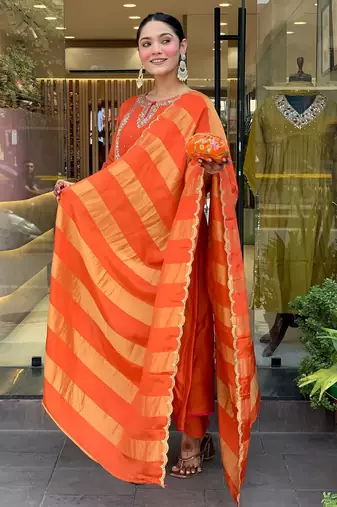 Rust cotton silk kurta set with dupatta