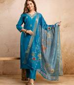 Sky blue ethnic silk blend kurta set with dupatta