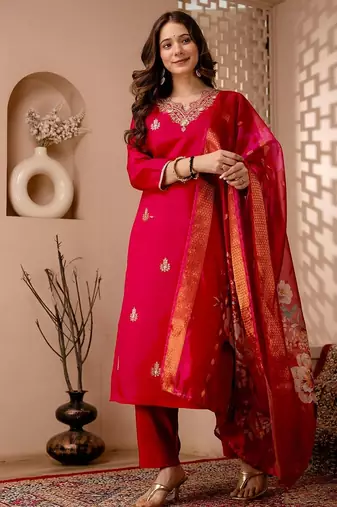 Red silk blend kurta set with dupatta