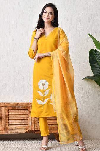Yellow roman silk kurta pant set