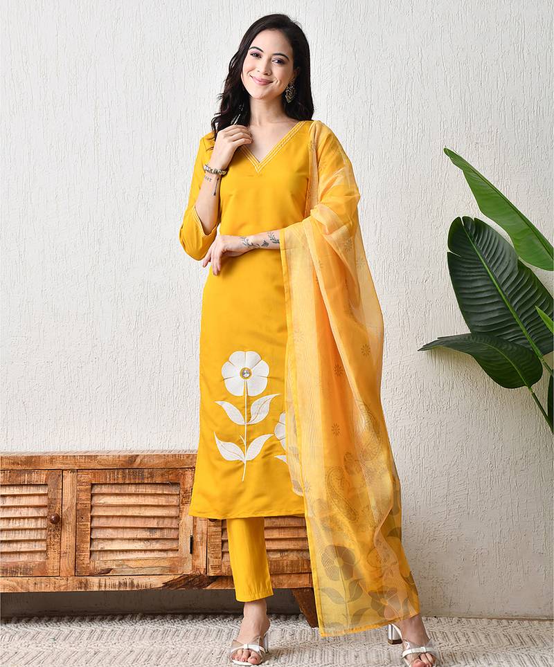Yellow roman silk kurta pant set