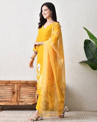 Yellow roman silk kurta pant set 3
