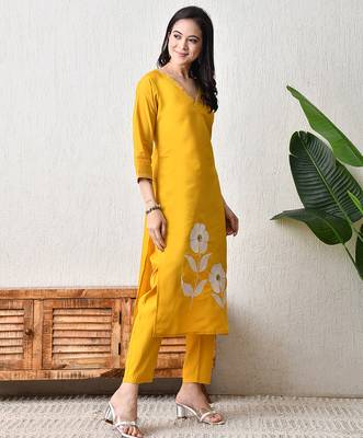Yellow roman silk kurta pant set 5