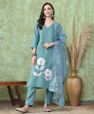 Teal roman silk kurta pant set 1