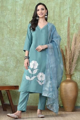 Teal roman silk kurta pant set
