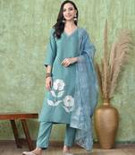 Teal roman silk kurta pant set