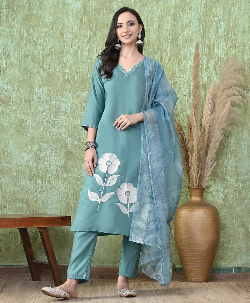 Teal roman silk kurta pant set