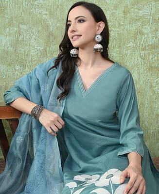 Teal roman silk kurta pant set 3