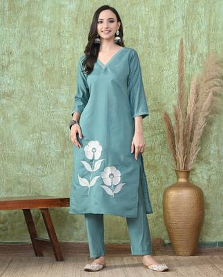 Teal roman silk kurta pant set 4