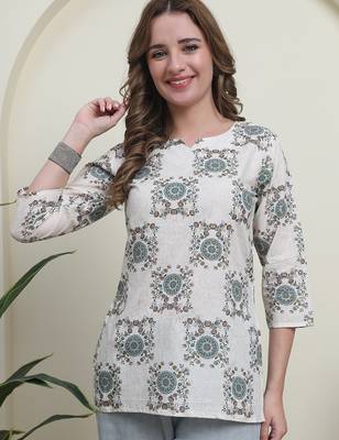 Green cambric cotton printed formal short kurta 1