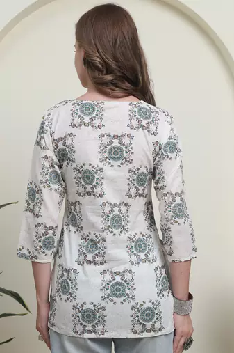 Green cambric cotton printed formal short kurta
