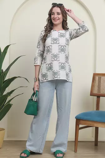 Green cambric cotton printed formal short kurta