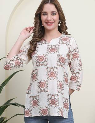 Red cambric cotton printed formal short kurta 1