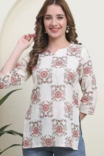 Red cambric cotton printed formal short kurta