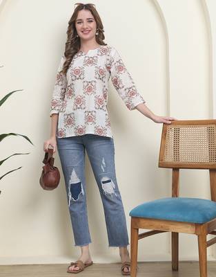 Red cambric cotton printed formal short kurta 3