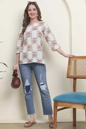 Red cambric cotton printed formal short kurta