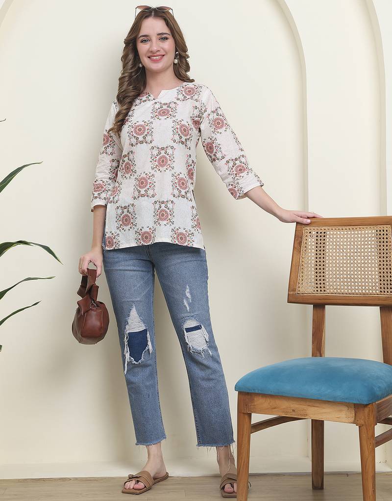 Red cambric cotton printed formal short kurta