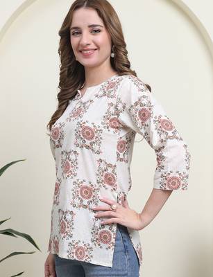 Red cambric cotton printed formal short kurta 4