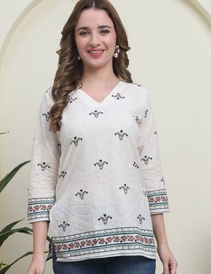 Green cambric cotton printed formal short kurta 1