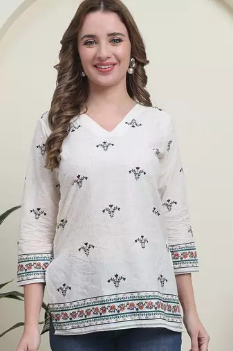 Green cambric cotton printed formal short kurta