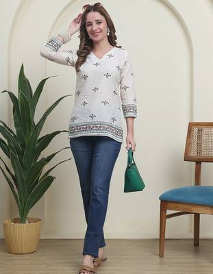 Green cambric cotton printed formal short kurta 3