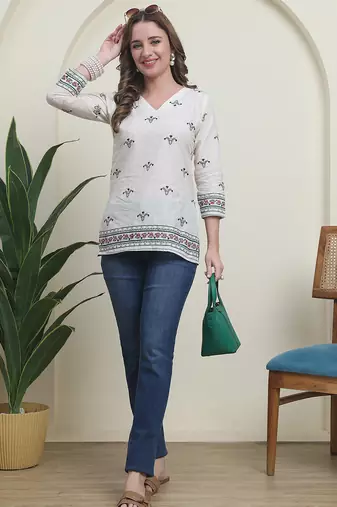 Green cambric cotton printed formal short kurta
