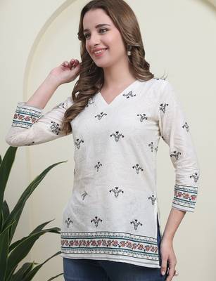Green cambric cotton printed formal short kurta 4
