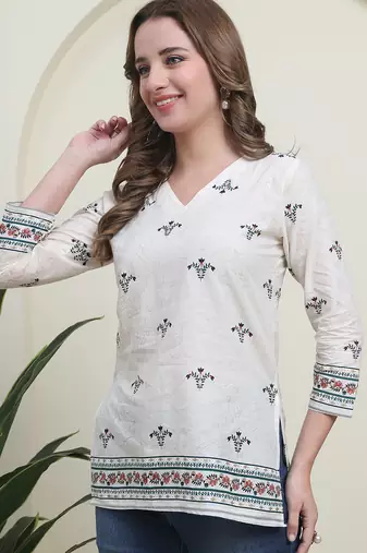 Green cambric cotton printed formal short kurta