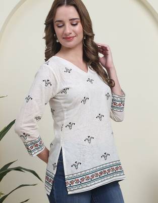 Green cambric cotton printed formal short kurta 5