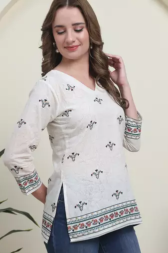 Green cambric cotton printed formal short kurta