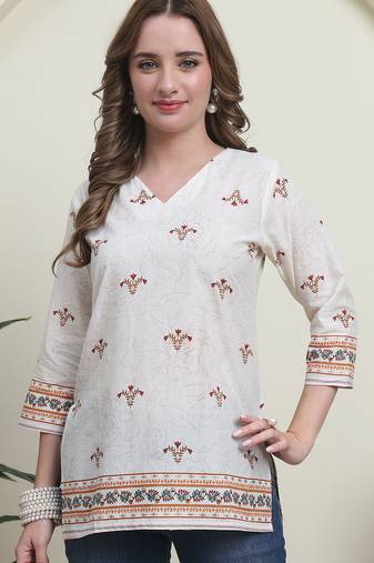 Red cambric cotton printed formal short kurta