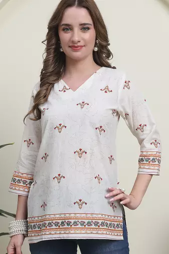 Red cambric cotton printed formal short kurta