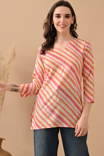 Orange cambric cotton printed formal short kurta