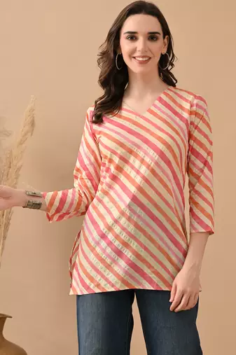 Orange cambric cotton printed formal short kurta