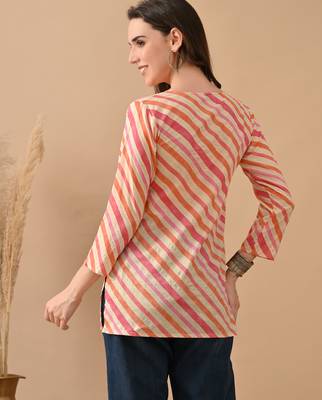 Orange cambric cotton printed formal short kurta 2