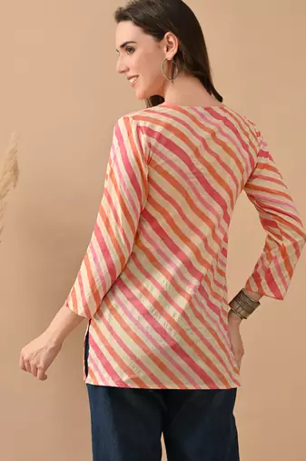 Orange cambric cotton printed formal short kurta