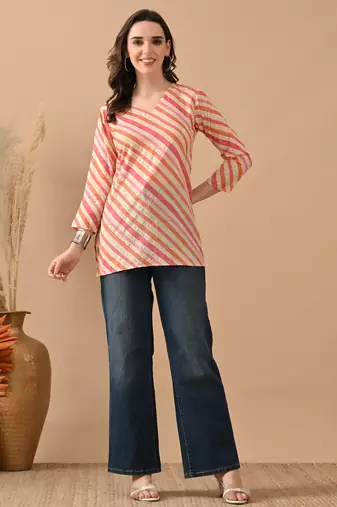 Orange cambric cotton printed formal short kurta