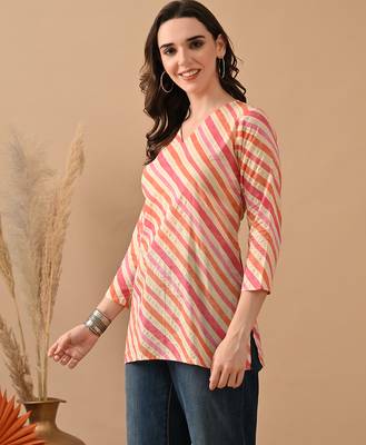 Orange cambric cotton printed formal short kurta 4