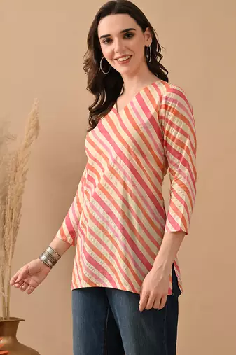 Orange cambric cotton printed formal short kurta