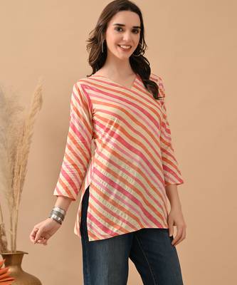 Orange cambric cotton printed formal short kurta 5