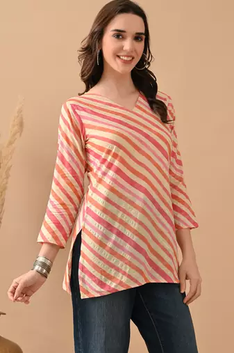 Orange cambric cotton printed formal short kurta
