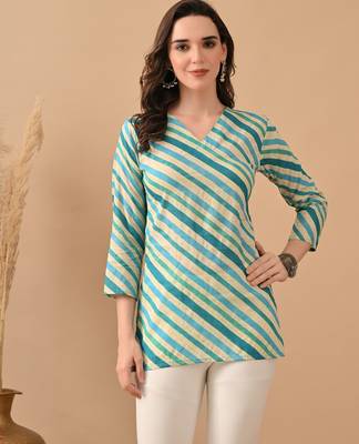 Teal cambric cotton printed formal short kurta 1