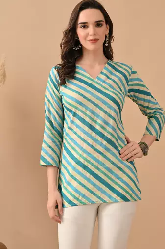 Teal color cambric cotton fabric designer printed formal short kurta